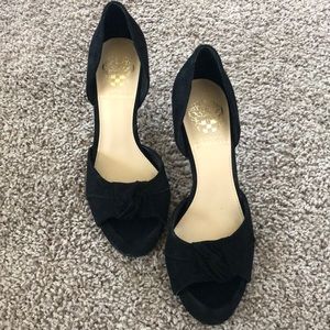 Black suede, peep toe heels
